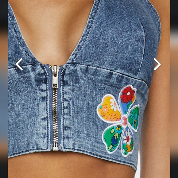 NWT Dolls Kill Current Mood Denim Halter Top with Floral Patches - Picture 8 of 8